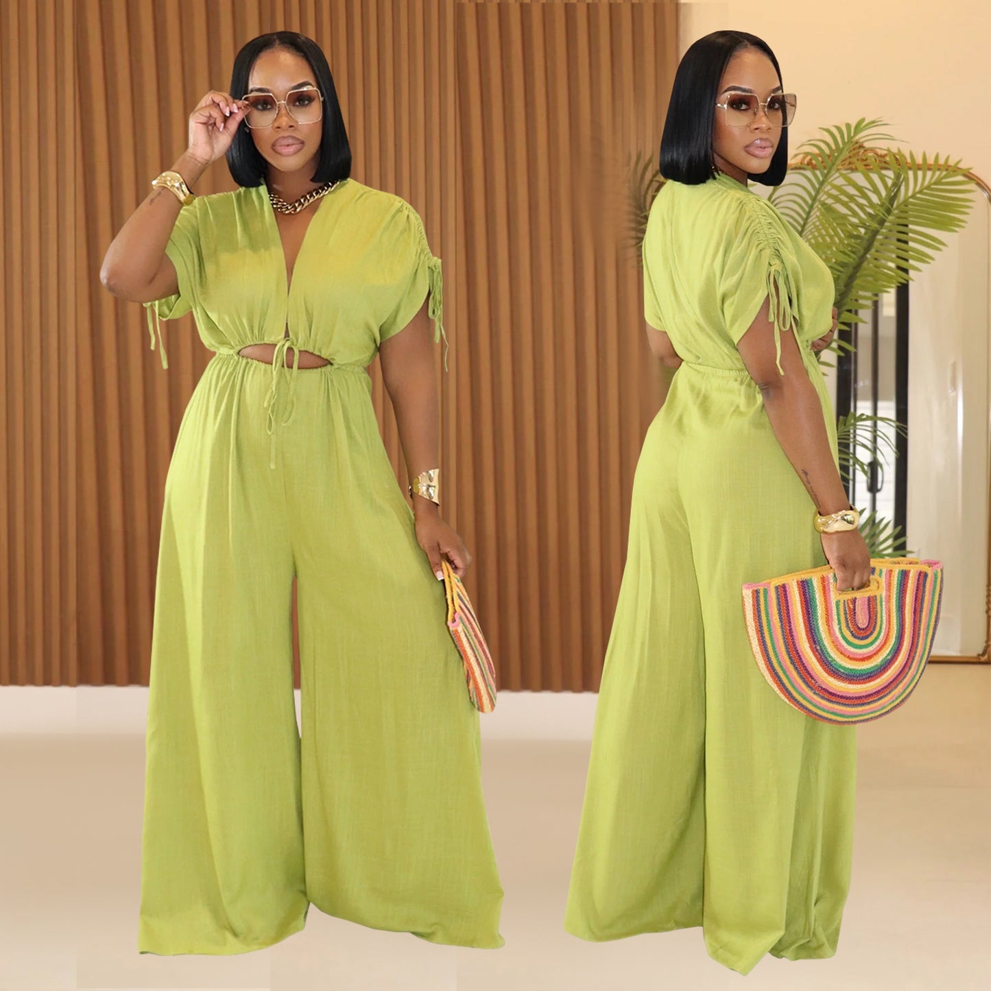Women V-Neck Belted Wide-Leg Jumpsuit
