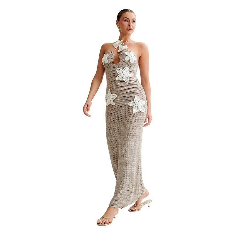Women's Elegant knitted hollow out sleeveless hanging neck tie slim fit dress