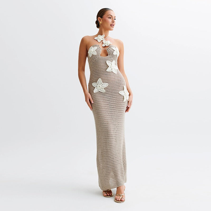Women's Elegant knitted hollow out sleeveless hanging neck tie slim fit dress