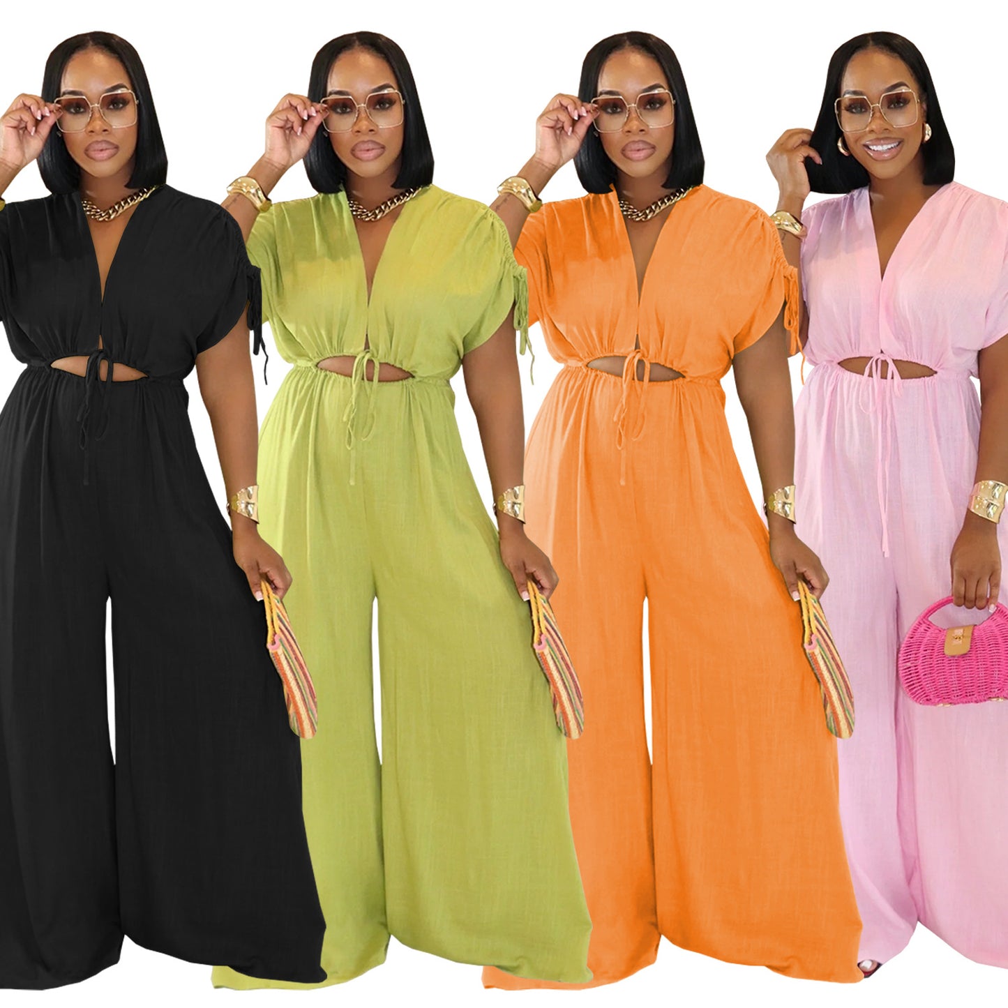 Women V-Neck Belted Wide-Leg Jumpsuit