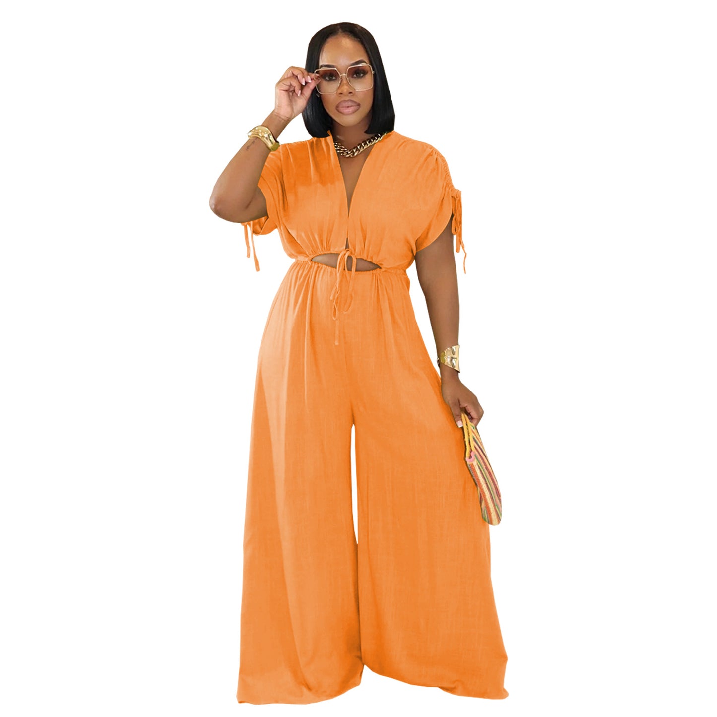 Women V-Neck Belted Wide-Leg Jumpsuit