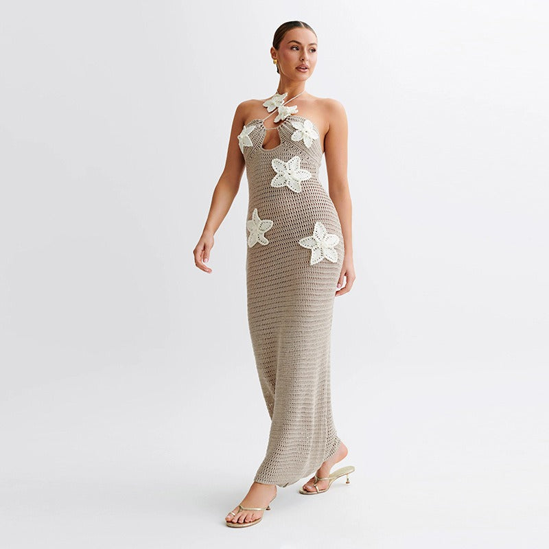 Women's Elegant knitted hollow out sleeveless hanging neck tie slim fit dress