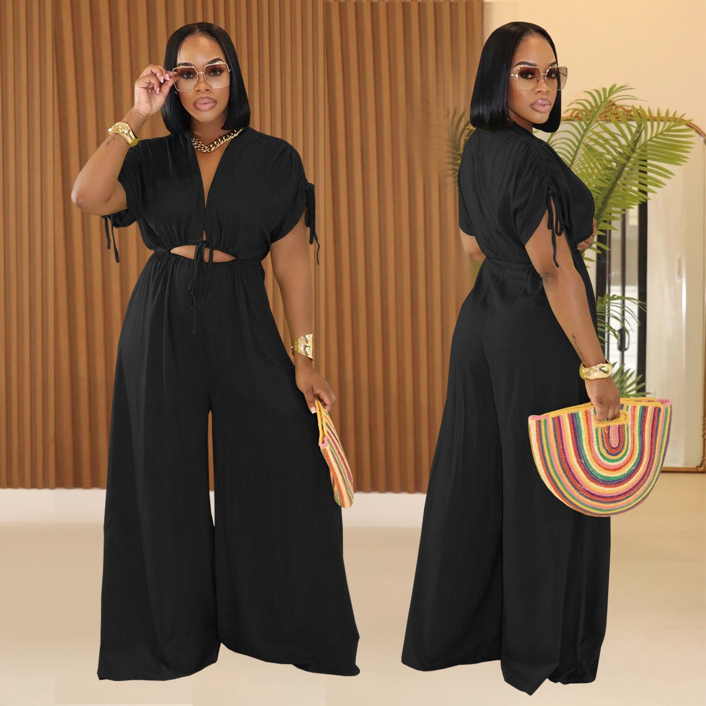 Women V-Neck Belted Wide-Leg Jumpsuit