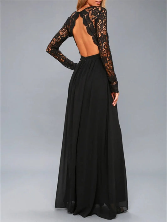 Beautiful Lace Detail Backless Long Sleeve Maxi Dress