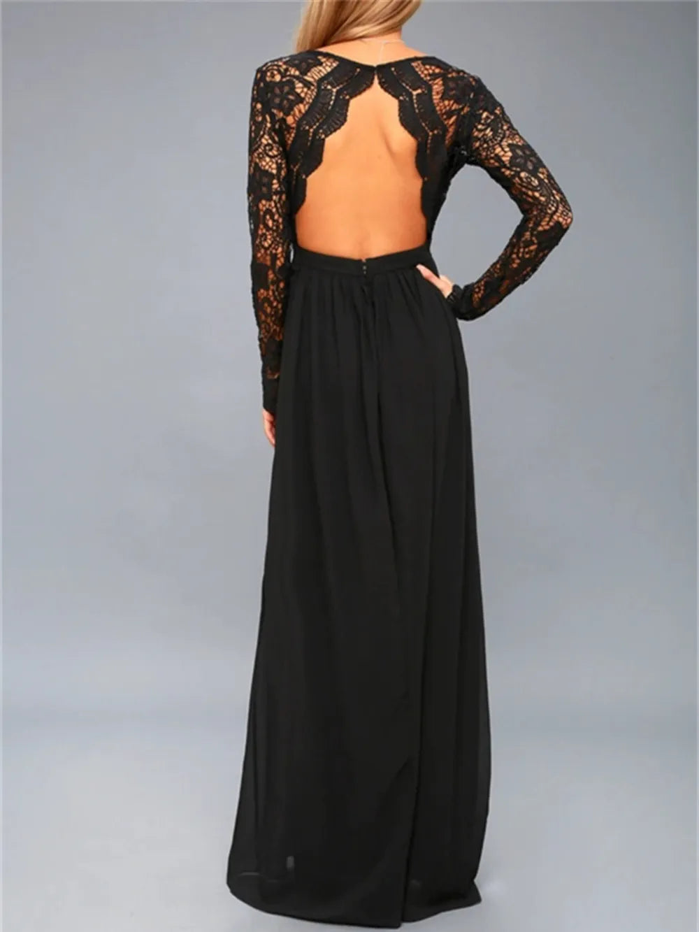 Beautiful Lace Detail Backless Long Sleeve Maxi Dress