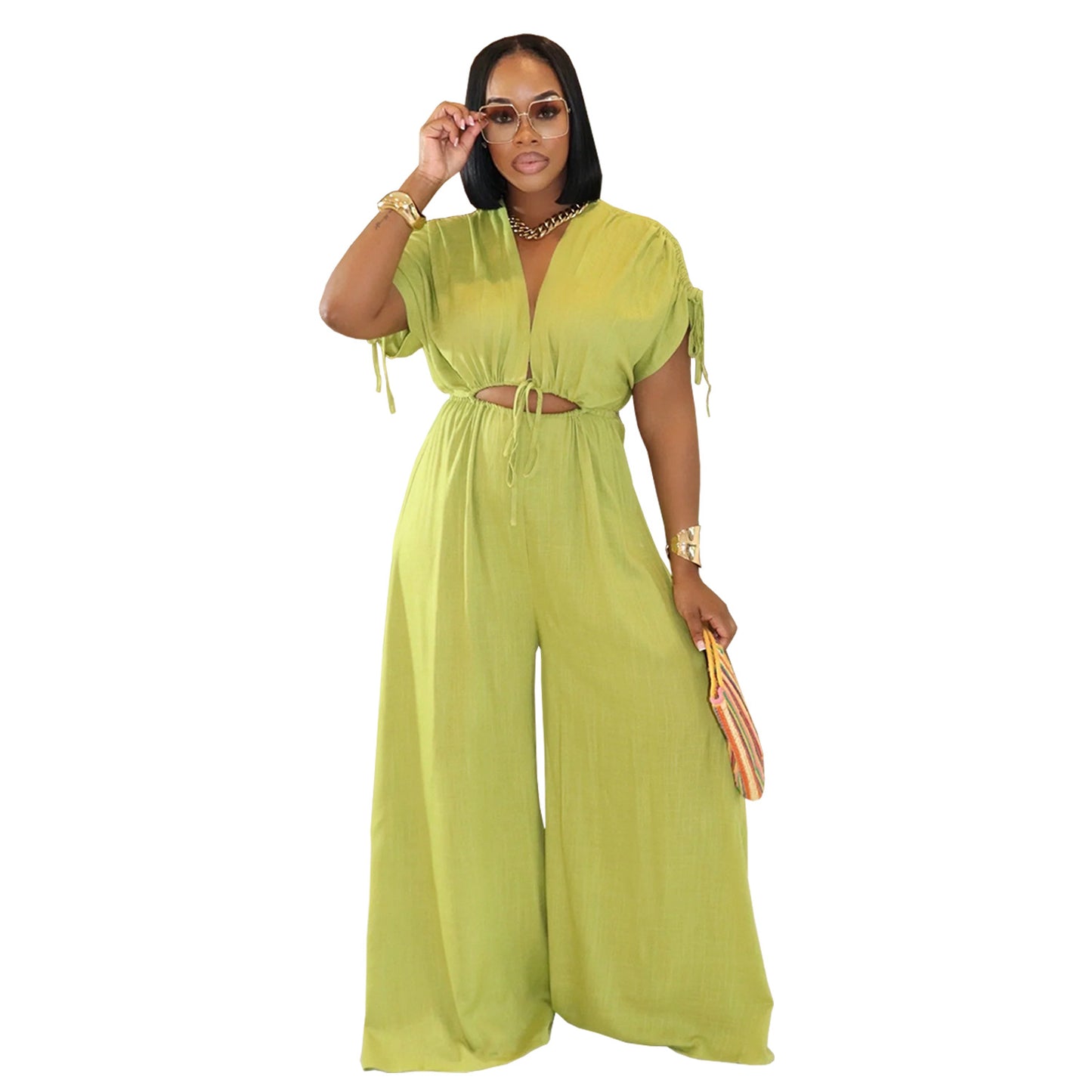Women V-Neck Belted Wide-Leg Jumpsuit