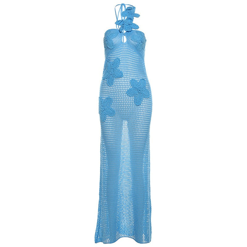 Women's Elegant knitted hollow out sleeveless hanging neck tie slim fit dress