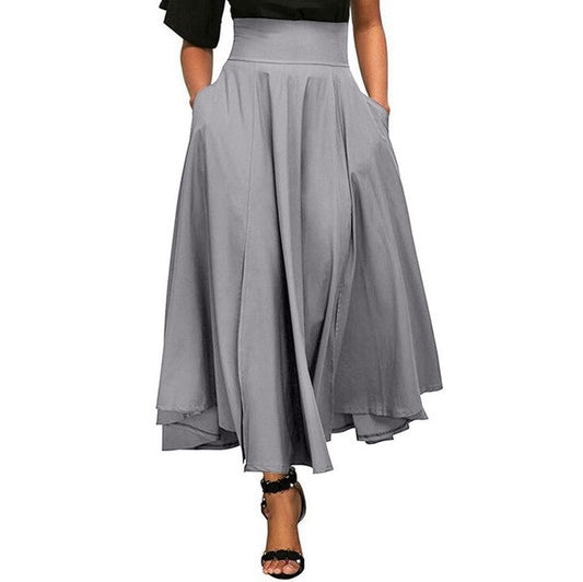 Women High Waist Pleated Belted Vintage Maxi Skirt