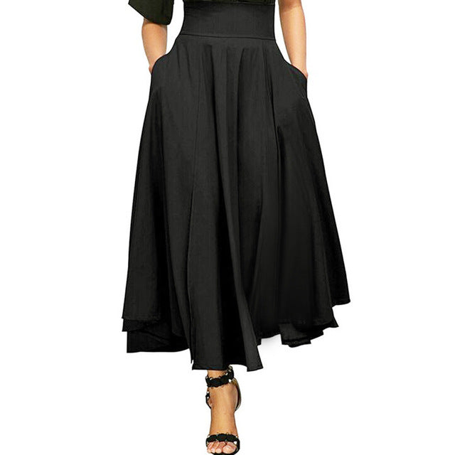 Women High Waist Pleated Belted Vintage Maxi Skirt