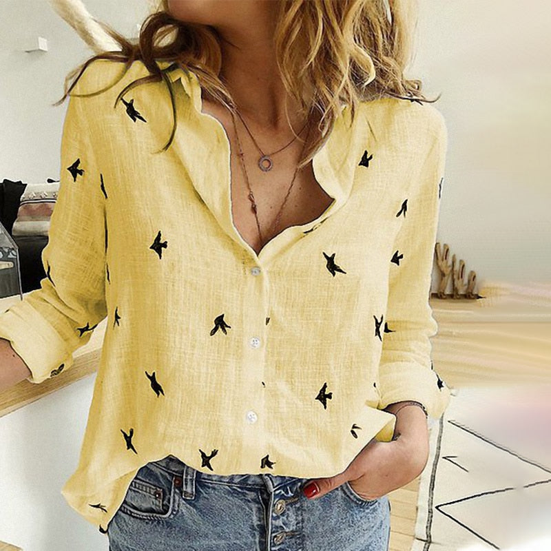 Women's Birds Print Shirts 35% Cotton Long Sleeve Female Tops (5XL)