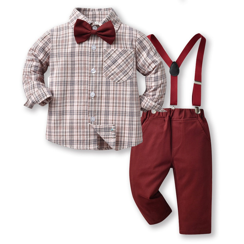 Boys' Suit Long Sleeve Suspenders Cotton Shirt set