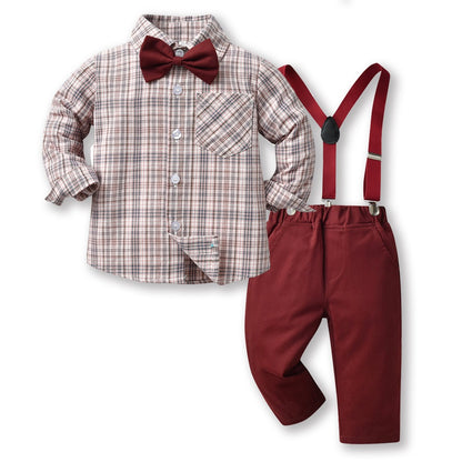 Boys' Suit Long Sleeve Suspenders Cotton Shirt set