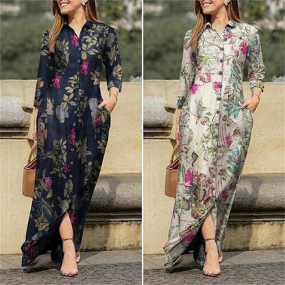 Elegant Long sleeve Floral Print Cotton Dress