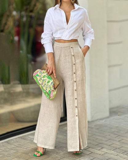 Women Casual Solid Colour Lapel Shirt Loose Pants Two Piece Set