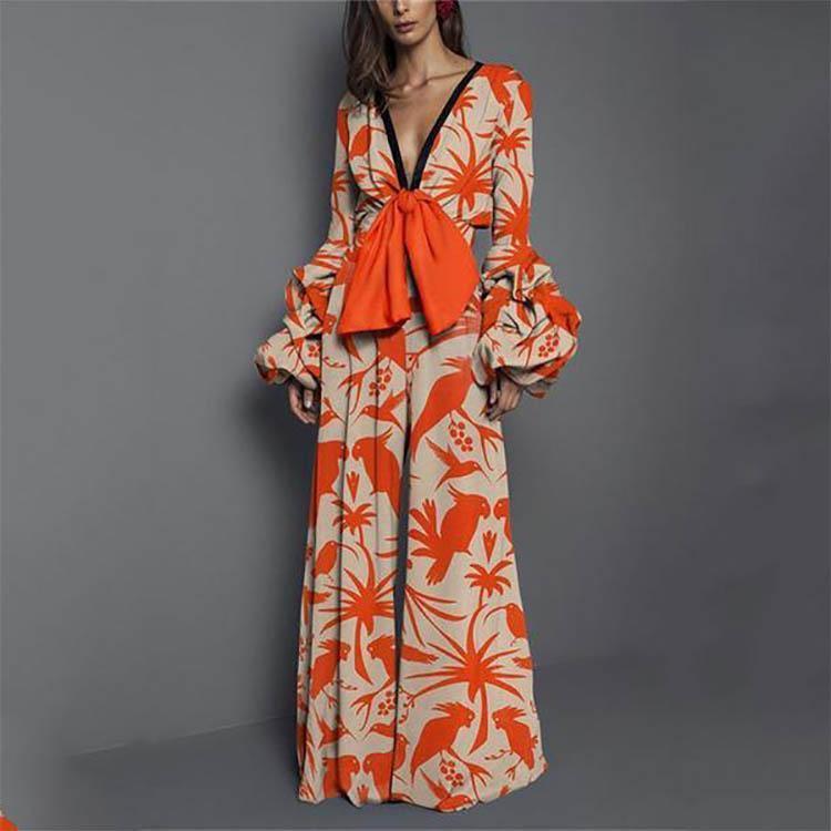 Women's Orange Print Wide Leg Jumpsuit