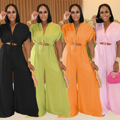 Women V-Neck Belted Wide-Leg Jumpsuit
