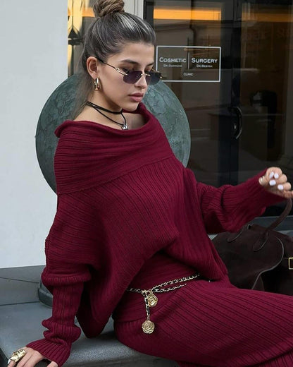 Women Elegant Off Shoulder Winter Knitted Two Piece Set