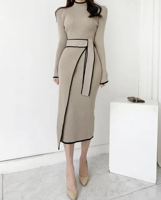 Women Full Sleeve O-neck Belted Sweater Dresses