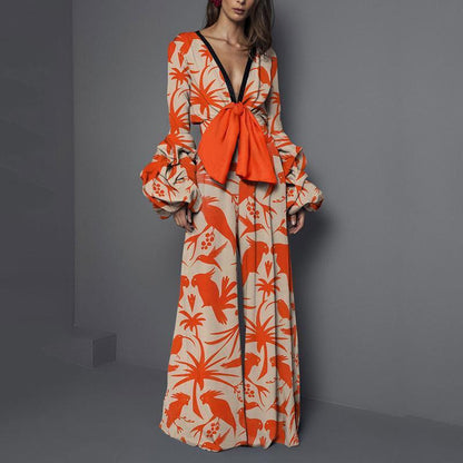 Women's Orange Print Wide Leg Jumpsuit