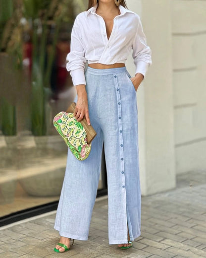 Women Casual Solid Colour Lapel Shirt Loose Pants Two Piece Set