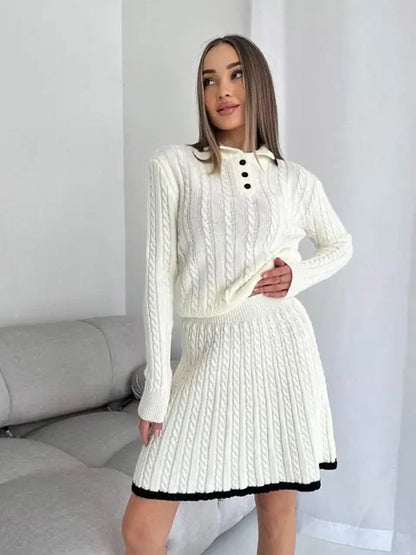 Women Long Sleeved Knitted Sweater Mini Skirt Two-piece Set