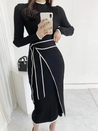 Women Full Sleeve O-neck Belted Sweater Dresses