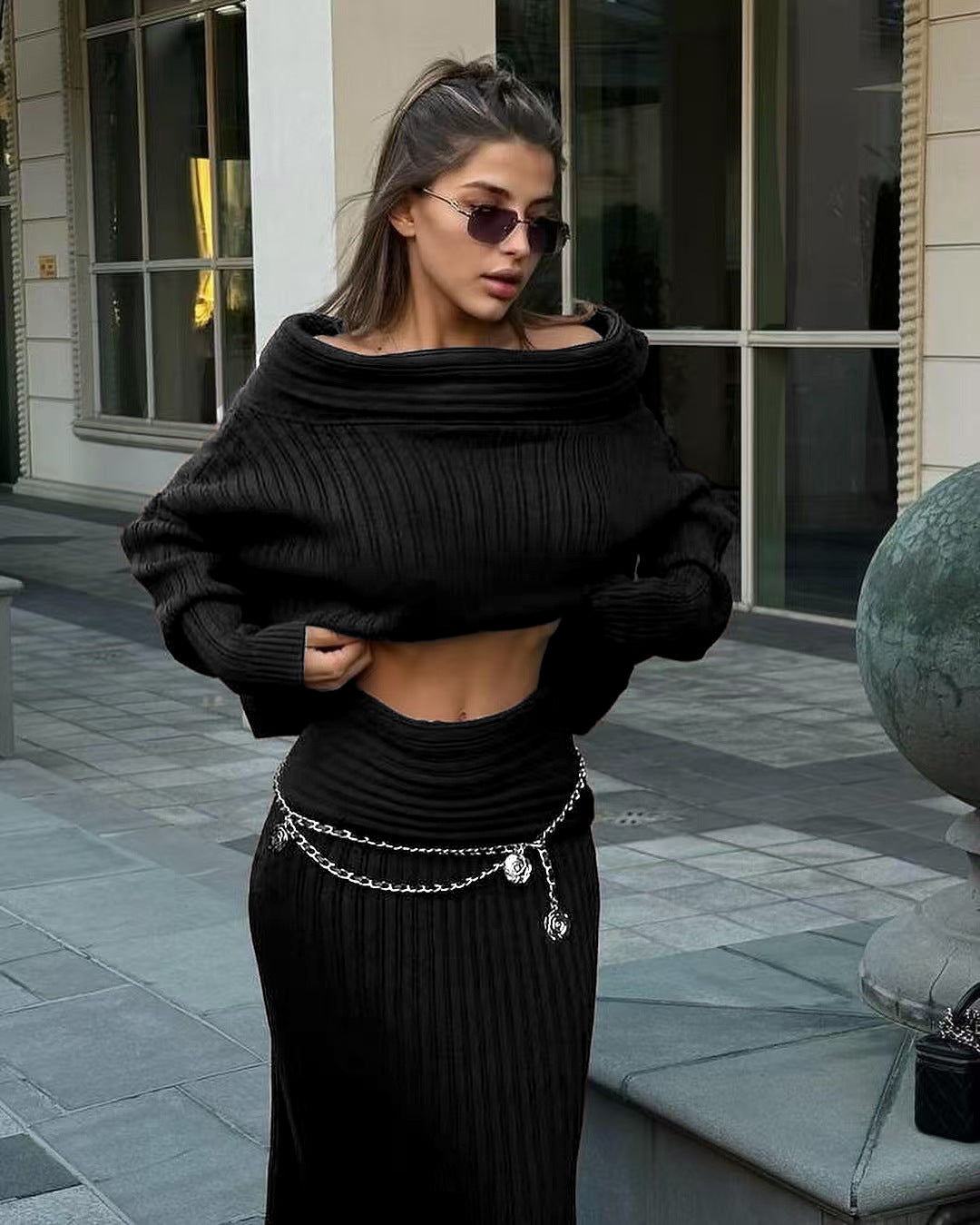 Women Elegant Off Shoulder Winter Knitted Two Piece Set