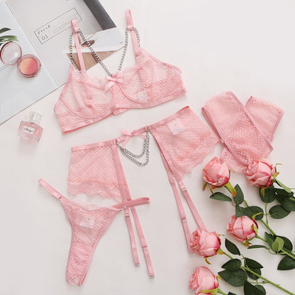 Eyelash Lace Chain Bowknot Waist Closure Lingerie Set