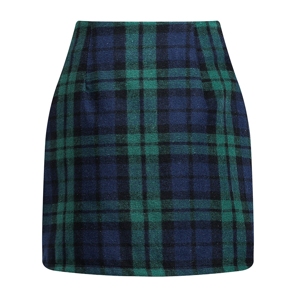 Women's high waisted plaid pencil wool mini skirt