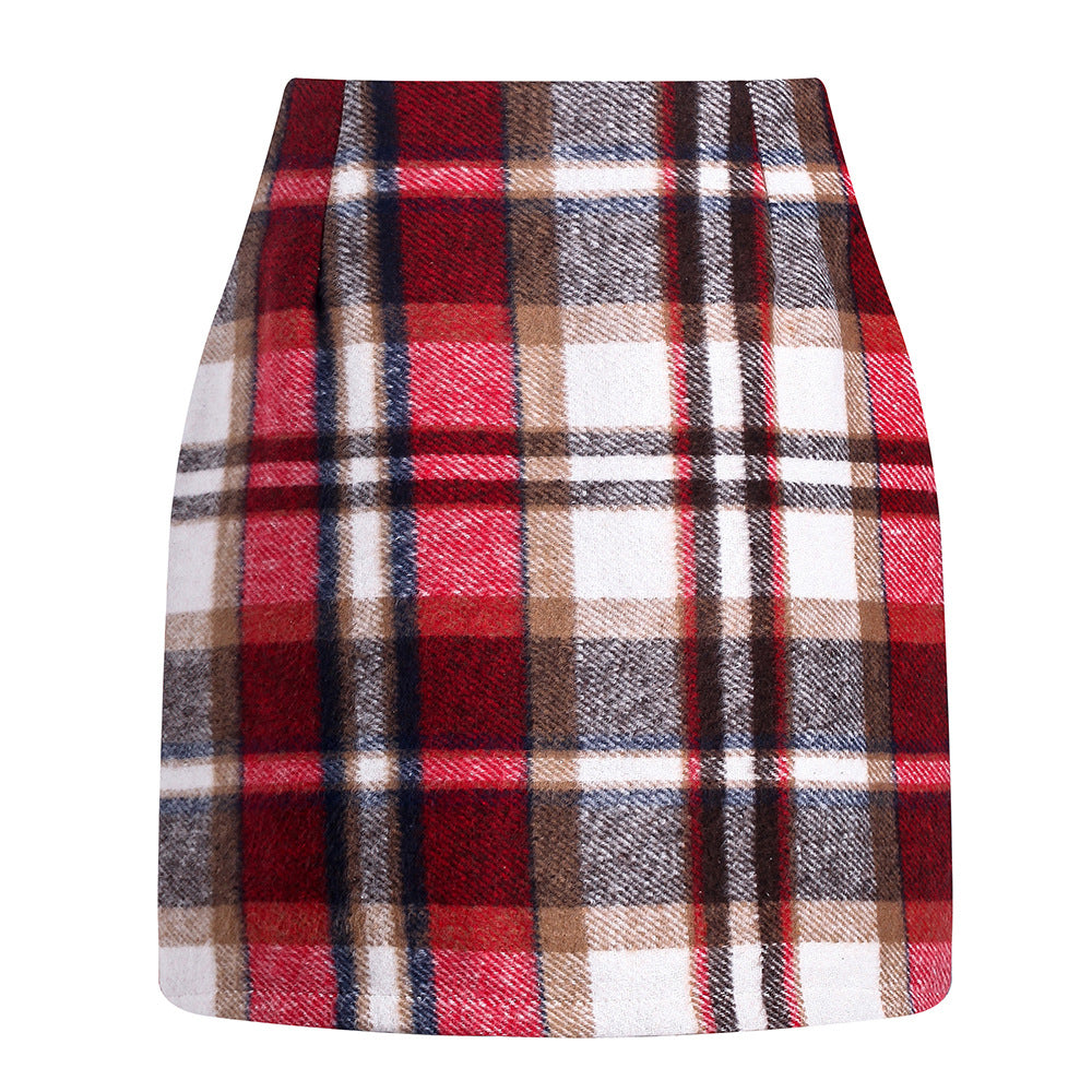 Women's high waisted plaid pencil wool mini skirt