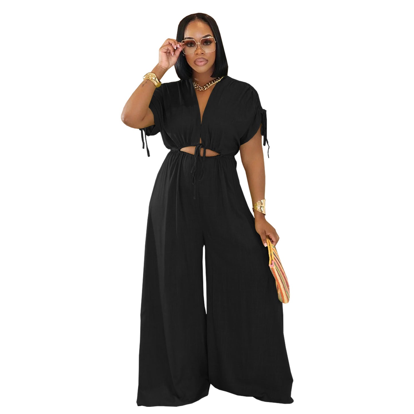 Women V-Neck Belted Wide-Leg Jumpsuit