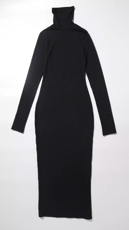 Women collar long sleeved slim fitting threaded long dress