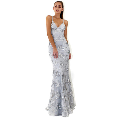 Women's V-neck backless sequin lace up dress