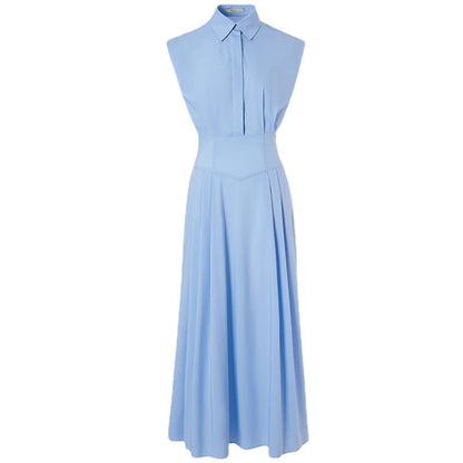 Women Blue polo collar sleeveless shirt dress