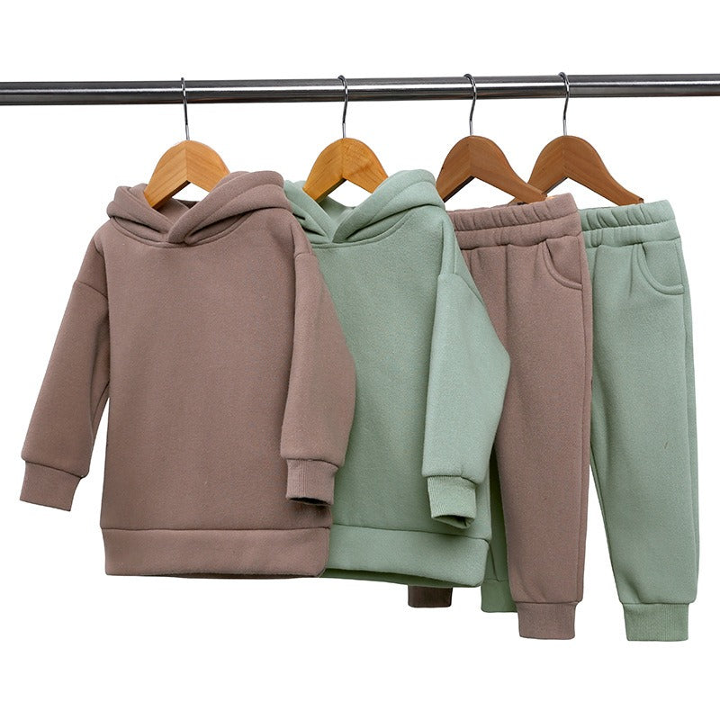 Thickened Autumn And Winter Clothing Children's Sports Suit Casual Pullover Hooded Sweater Trousers Two-Piece Set