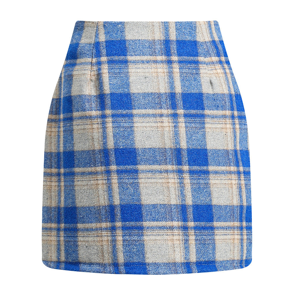 Women's high waisted plaid pencil wool mini skirt