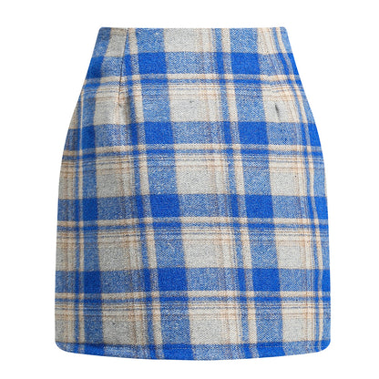 Women's high waisted plaid pencil wool mini skirt