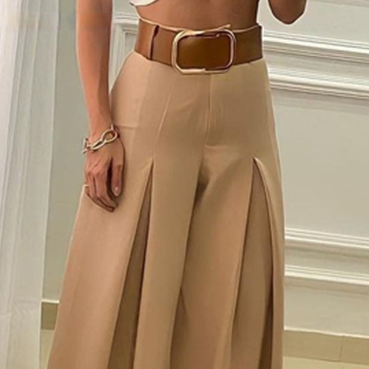 New French Vintage High Waist Folded Wide Leg Trousers