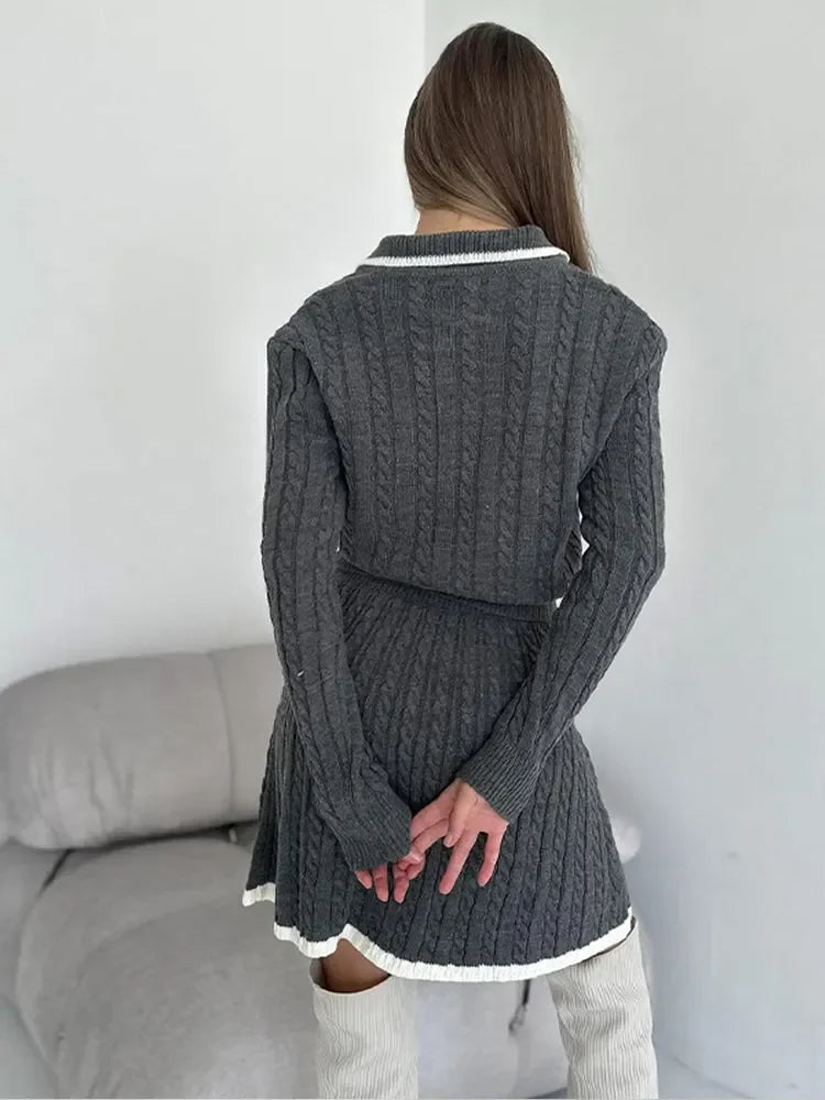 Women Long Sleeved Knitted Sweater Mini Skirt Two-piece Set