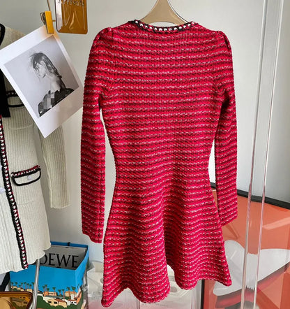 Women Knitted Mini Dress V Neck Long Sleeve Slim Short Dress