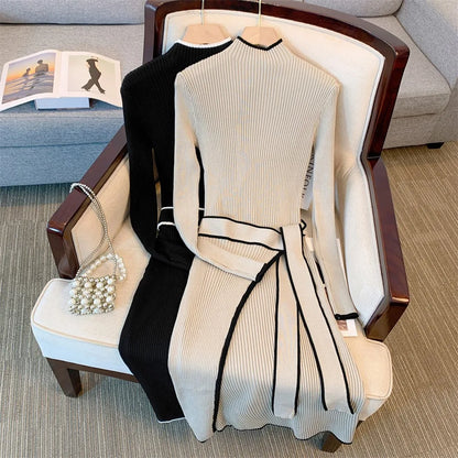 Women Full Sleeve O-neck Belted Sweater Dresses