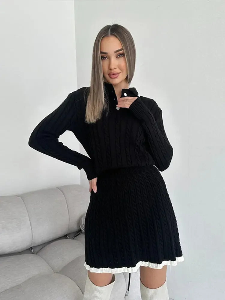 Women Long Sleeved Knitted Sweater Mini Skirt Two-piece Set