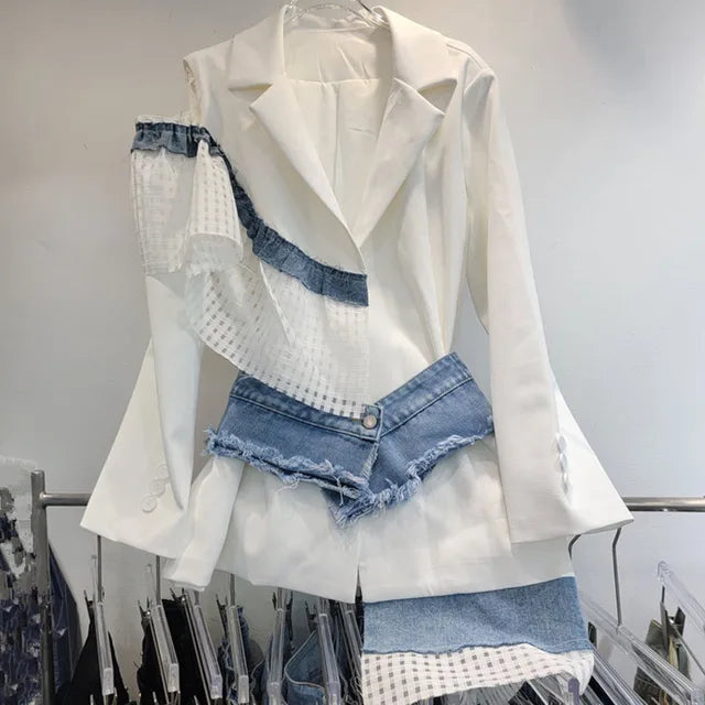 Denim patchwork single shoulder hollowed out loose Shirt