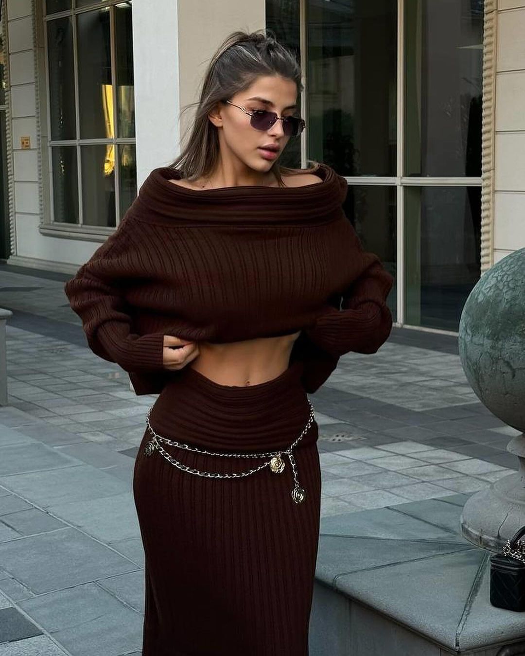 Women Elegant Off Shoulder Winter Knitted Two Piece Set