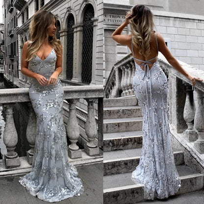 Women's V-neck backless sequin lace up dress