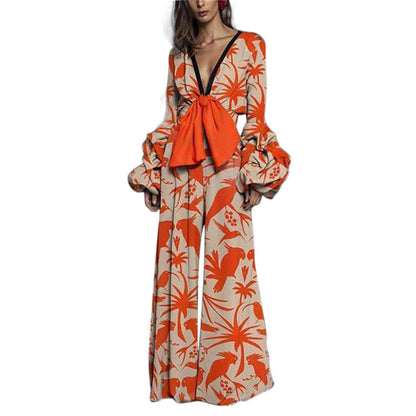 Women's Orange Print Wide Leg Jumpsuit