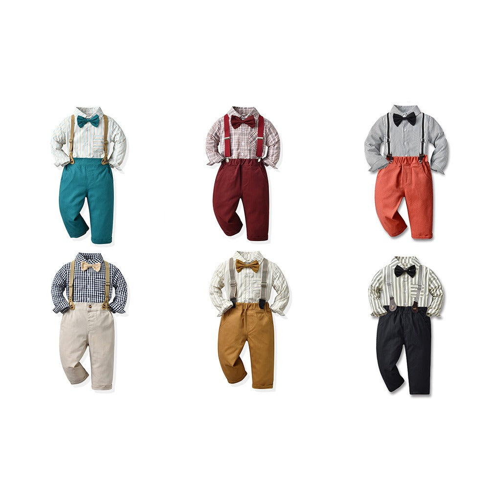 Boys' Suit Long Sleeve Suspenders Cotton Shirt set