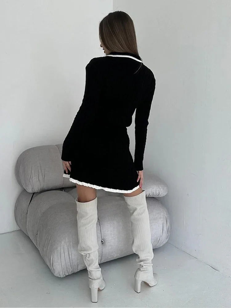 Women Long Sleeved Knitted Sweater Mini Skirt Two-piece Set