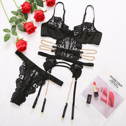 Marina Backless Lace Lingerie Three-Point Hollow Black