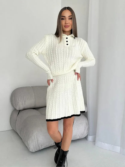 Women Long Sleeved Knitted Sweater Mini Skirt Two-piece Set